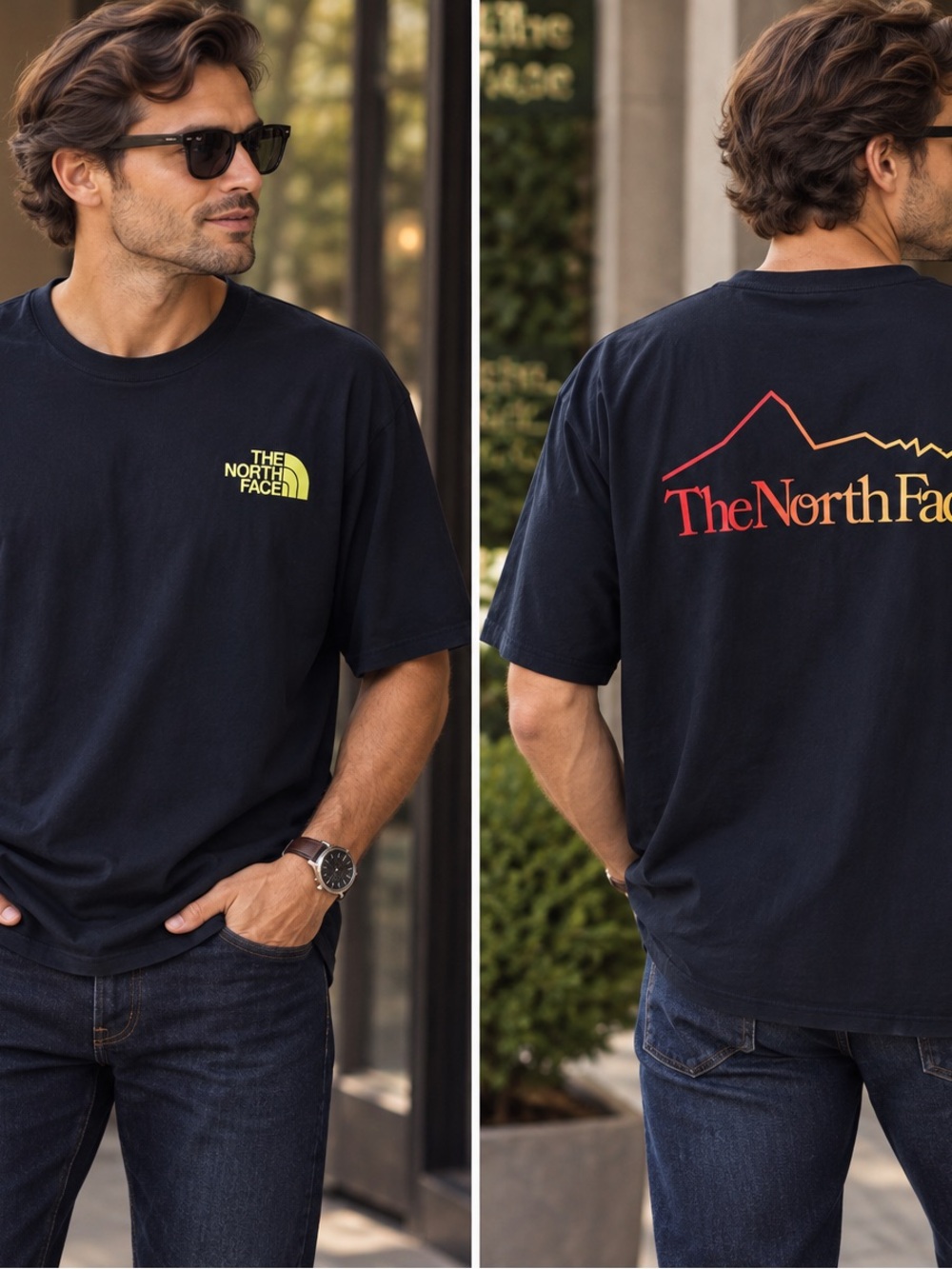 The North Face Men’s Black Short-Sleeve Tee with Yellow and Red Gradient Logo